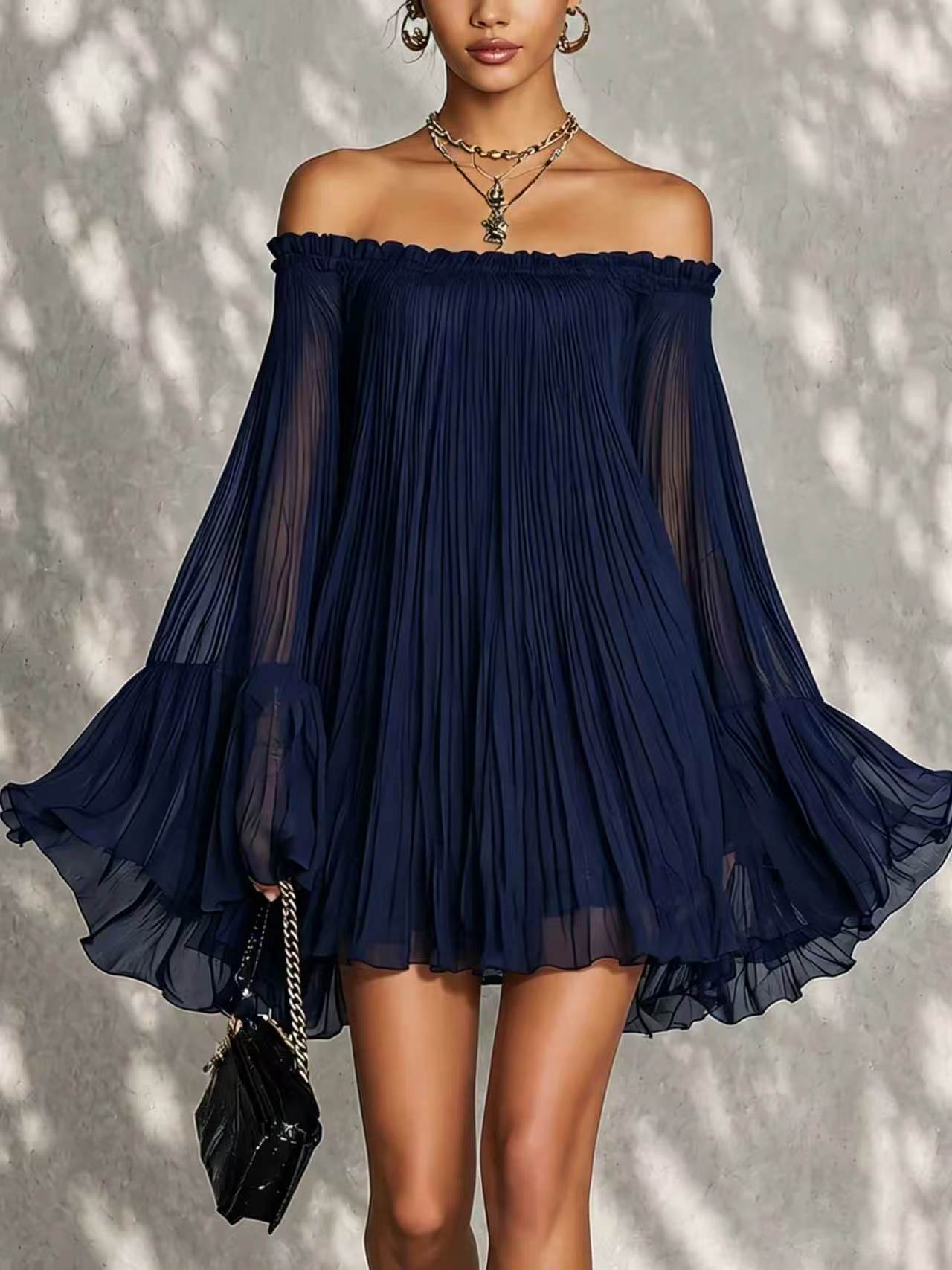 Elegant Black Off-Shoulder Backless Pleated Lantern Sleeve Mini Dress