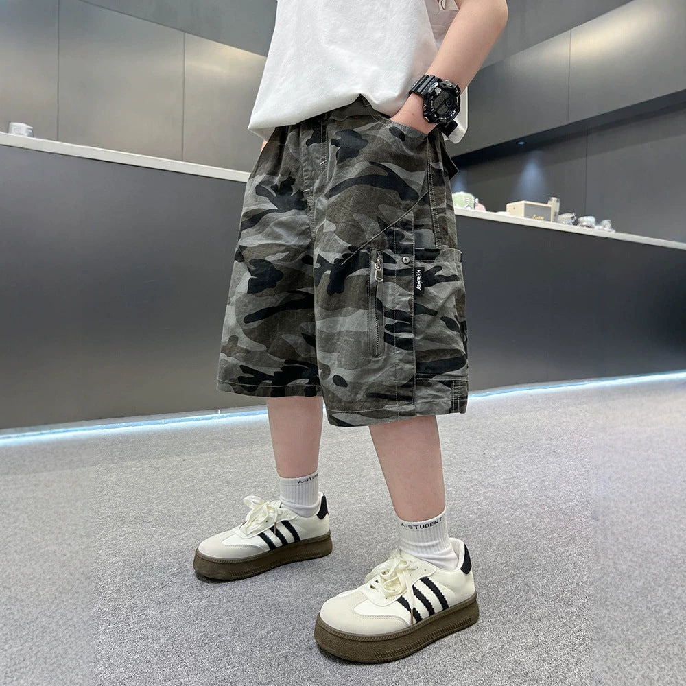 Boy's Camouflage Shorts, Casual Mid-Length Pants, Lightweight, Trendy for Older Kids