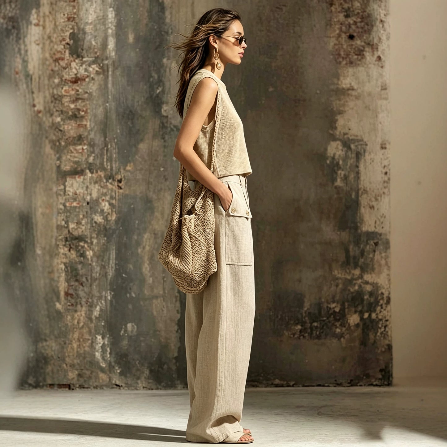 Khaki linen casual two-piece short knitted vest pocket wide leg pants set