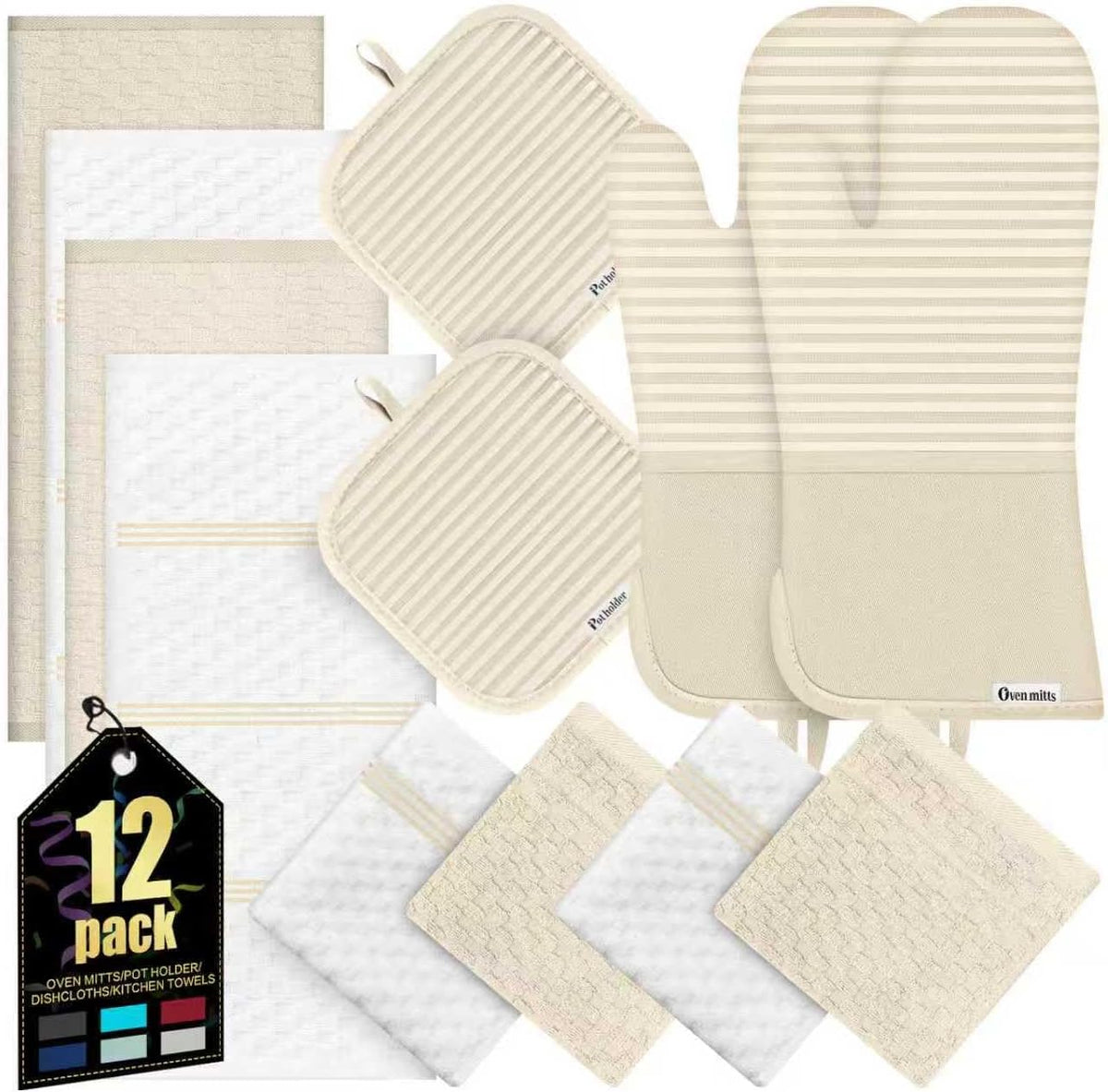 Oven Mitts Kitchen Towels and Dishcloths with Pot Holders Sets, Oven Gloves Hot Pads 500°F Heat Resistant with Silicone Grip, Include 2 Cooking Gloves/2 Potholders/4 Kitchen Towels/4 Dish Towels