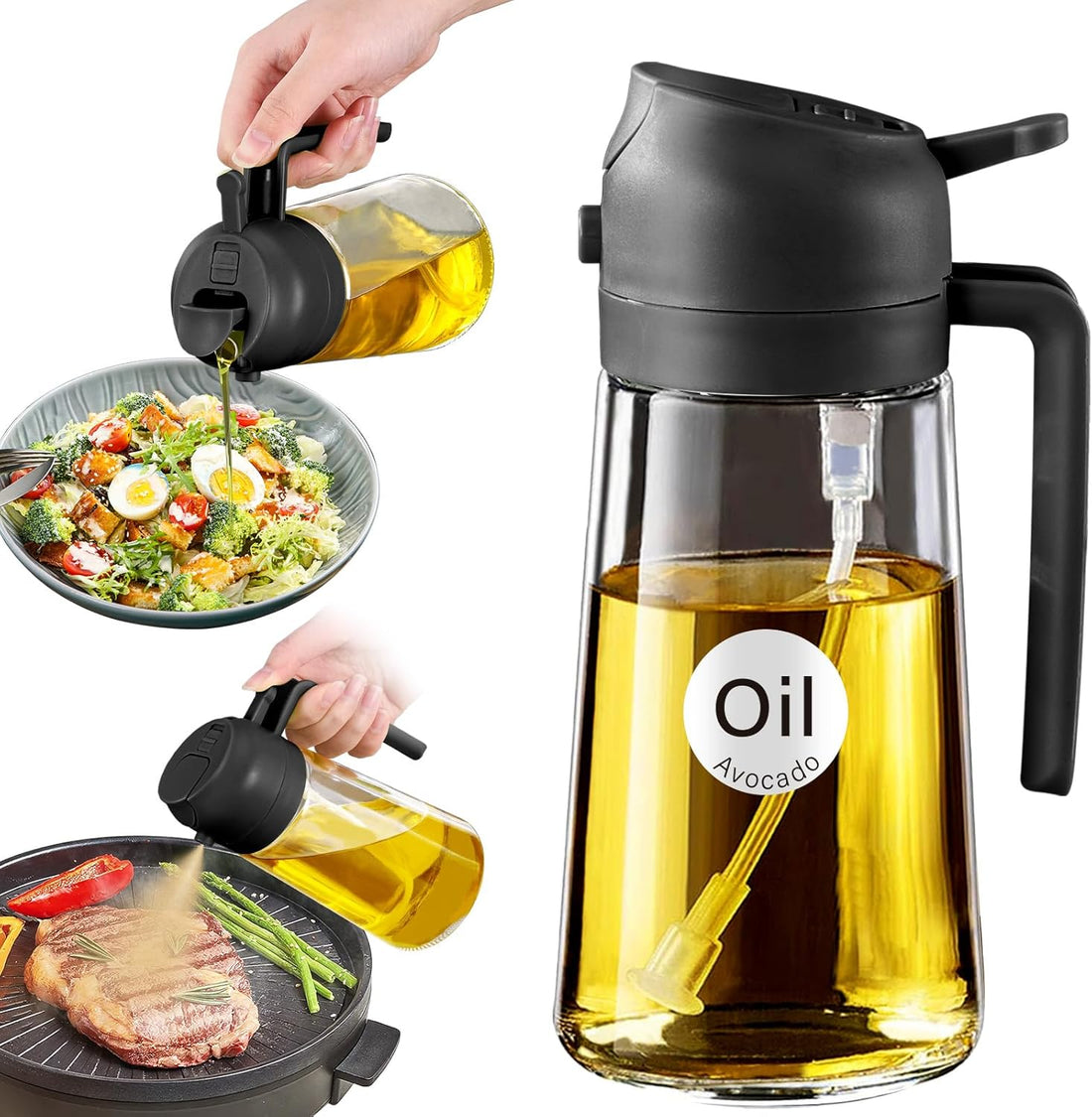 16 Oz 2-In-1 Glass Olive Oil Sprayer for Cooking, Black