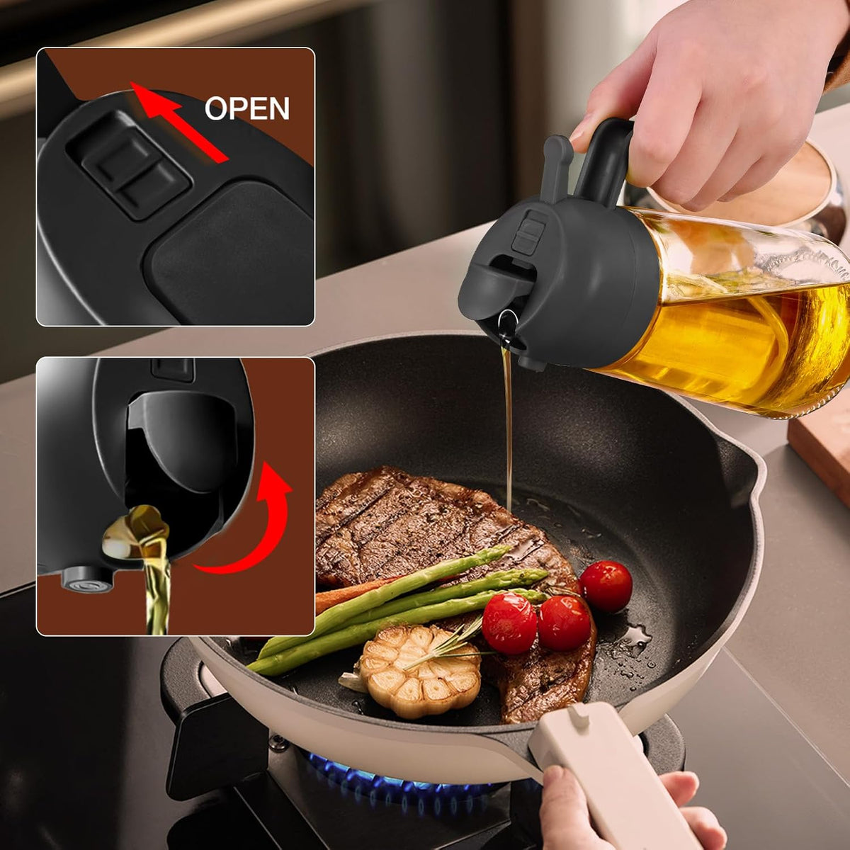 16 Oz 2-In-1 Glass Olive Oil Sprayer for Cooking, Black
