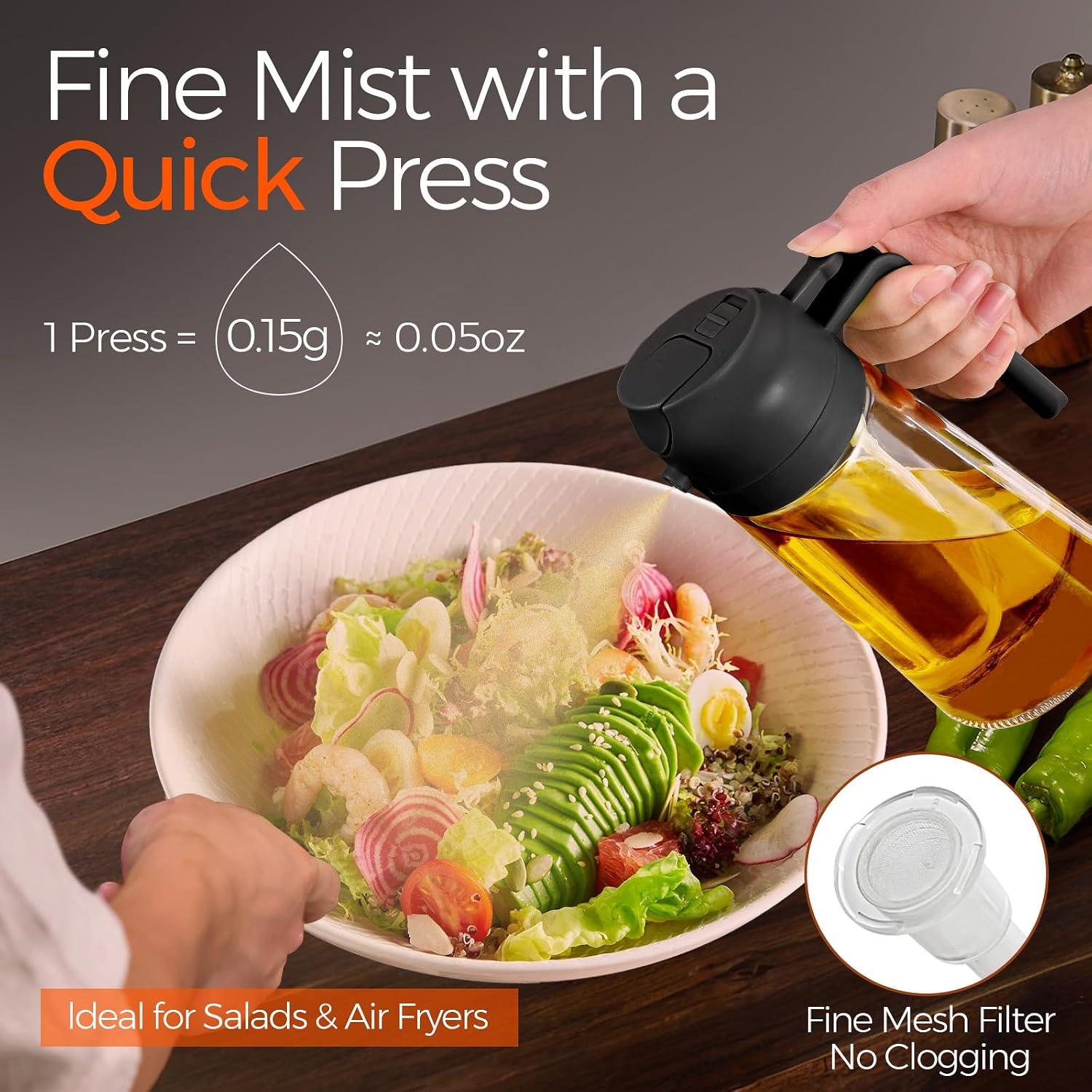 16 Oz 2-In-1 Glass Olive Oil Sprayer for Cooking, Black