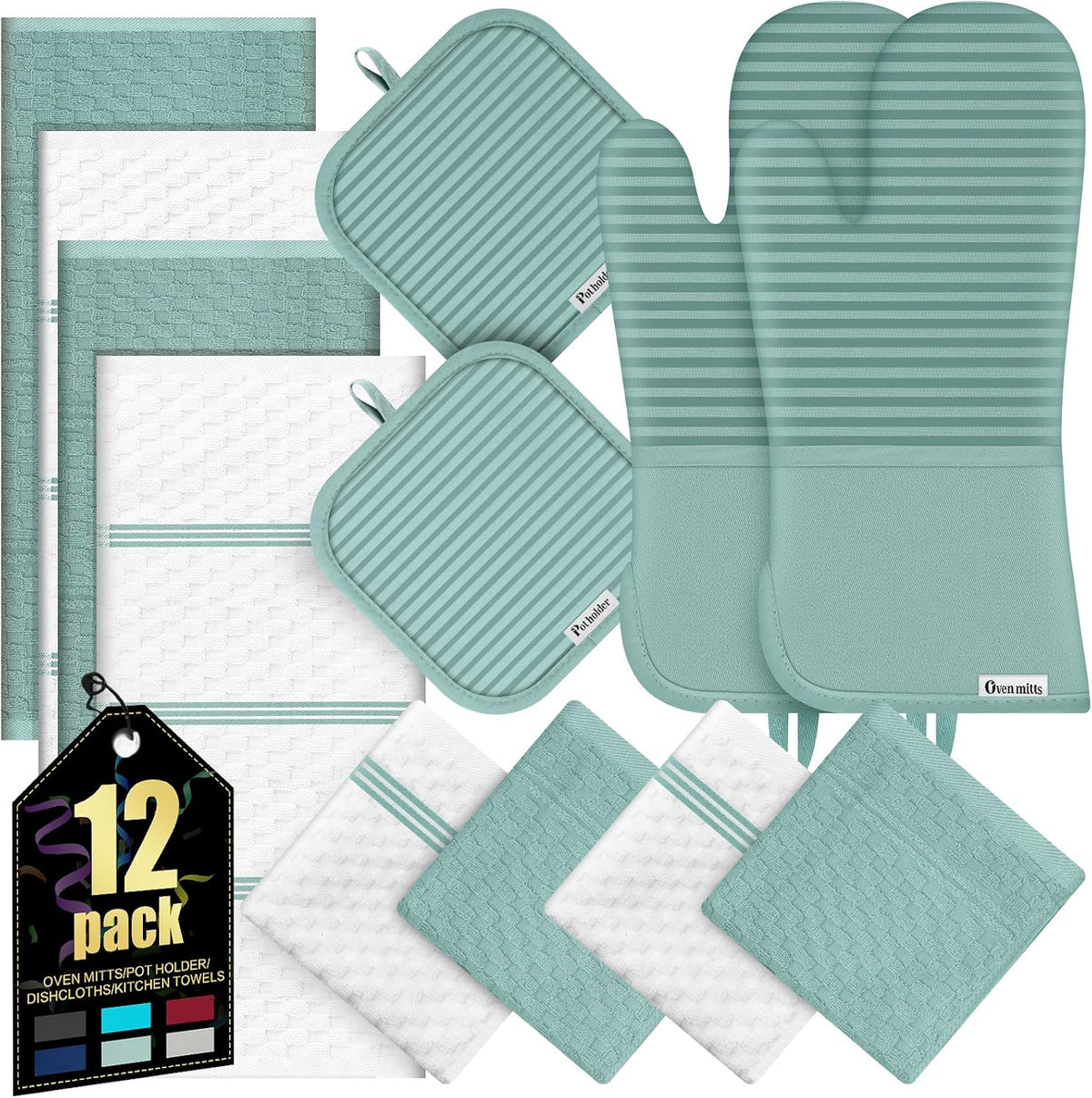 Oven Mitts Kitchen Towels and Dishcloths with Pot Holders Sets, Oven Gloves Hot Pads 500°F Heat Resistant with Silicone Grip, Include 2 Cooking Gloves/2 Potholders/4 Kitchen Towels/4 Dish Towels