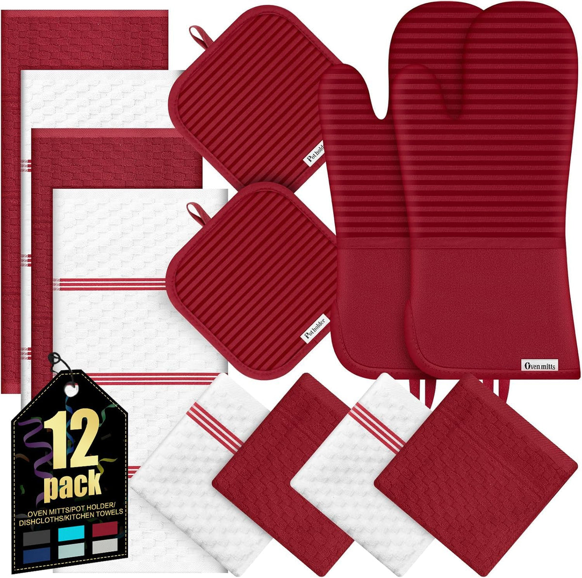 Oven Mitts Kitchen Towels and Dishcloths with Pot Holders Sets, Oven Gloves Hot Pads 500°F Heat Resistant with Silicone Grip, Include 2 Cooking Gloves/2 Potholders/4 Kitchen Towels/4 Dish Towels