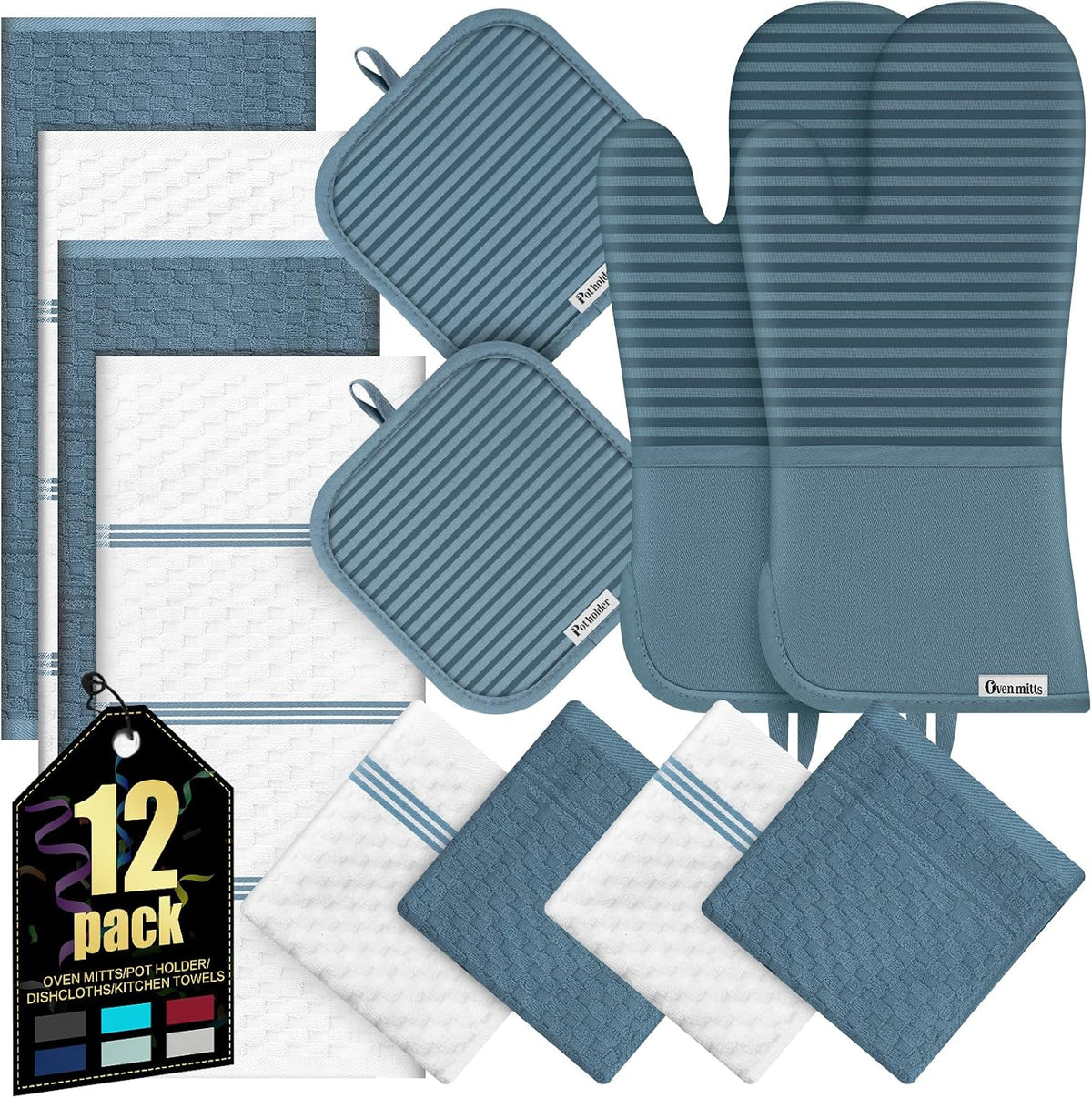 Oven Mitts Kitchen Towels and Dishcloths with Pot Holders Sets, Oven Gloves Hot Pads 500°F Heat Resistant with Silicone Grip, Include 2 Cooking Gloves/2 Potholders/4 Kitchen Towels/4 Dish Towels