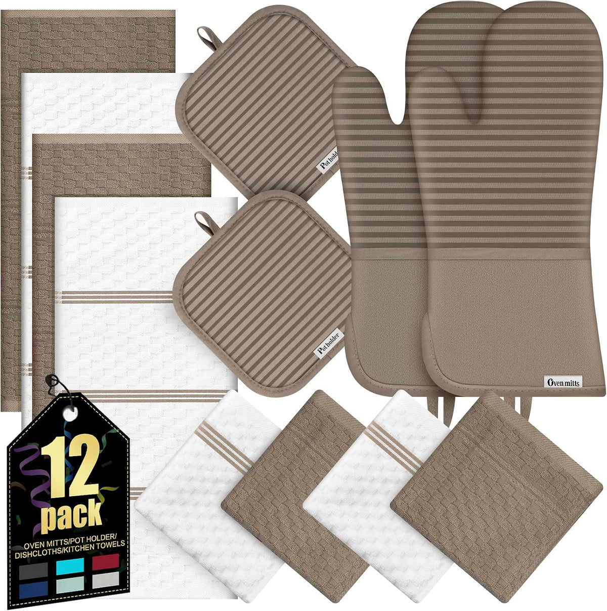 Oven Mitts Kitchen Towels and Dishcloths with Pot Holders Sets, Oven Gloves Hot Pads 500°F Heat Resistant with Silicone Grip, Include 2 Cooking Gloves/2 Potholders/4 Kitchen Towels/4 Dish Towels