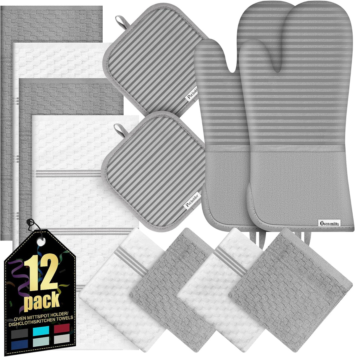 Oven Mitts Kitchen Towels and Dishcloths with Pot Holders Sets, Oven Gloves Hot Pads 500°F Heat Resistant with Silicone Grip, Include 2 Cooking Gloves/2 Potholders/4 Kitchen Towels/4 Dish Towels