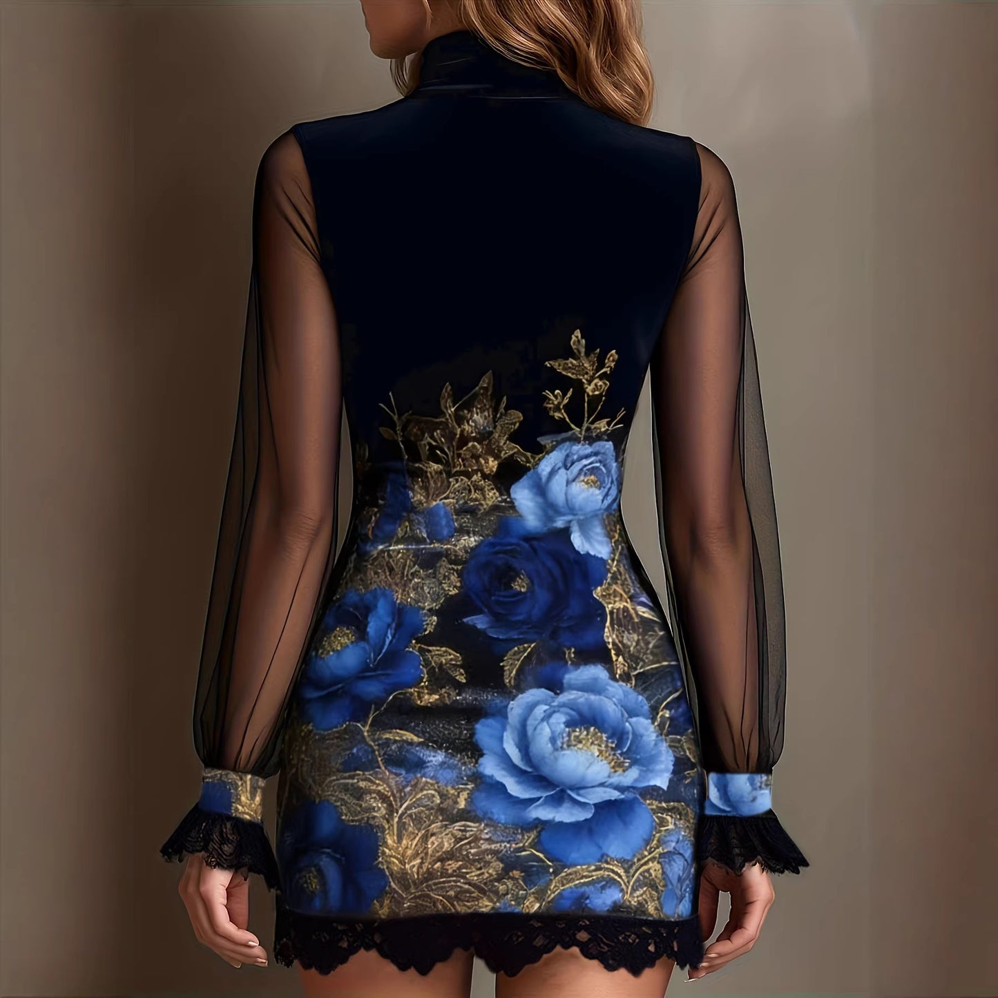 Sexy Lace Trim Patchwork Dress with Elegant Printed Tulle Design Fitted Mini Dress