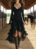 ElegantSolid Color Lace Panel High-Waisted Long Sleeve Square Neck Long Dress